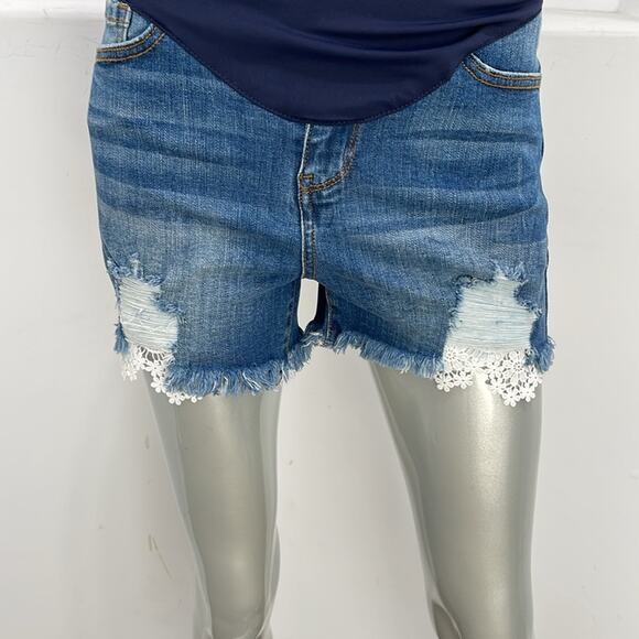 Spécial A  Los Angeles  Maternity Distress Jeans Short Lace inset  Blue Size M - Picture 2 of 8